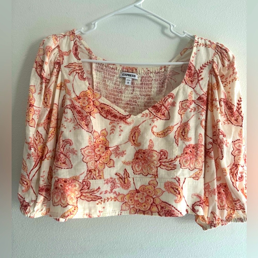 Express Women's Floral Top - Cream and Pink